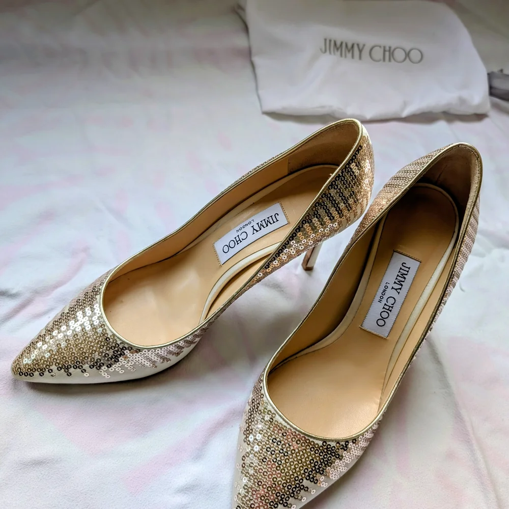 Jimmy Choo Sparkling Gold Sequin Heels - Picture 3 of 6